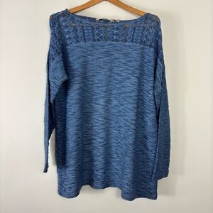 Soft Surroundings Textured Blue Sweater Top Womens L Long Sleeve Lace Panel